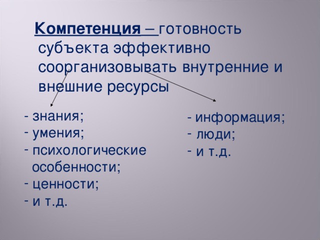 Компетенция – готовность субъекта эффективно соорганизовывать внутренние и внешние ресурсы - знания;  умения;  психологические  особенности;  ценности;  и т.д. -  информация;