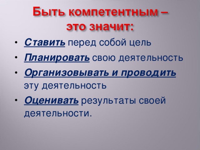 Ставить  перед собой цель Планировать свою деятельность Организовывать и проводить эту деятельность Оценивать