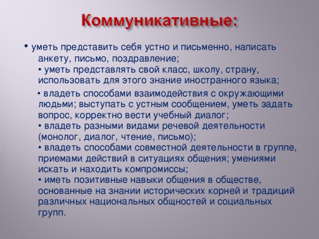 • уметь представить себя устно и письменно, написать анкету, письмо, поздравление;  • уметь представлять свой класс, школу, страну, использовать для этого знание иностранного языка; • владеть способами взаимодействия с окружающими людьми; выступать с устным сообщением, уметь задать вопрос, корректно вести учебный диалог;  • владеть разными видами речевой деятельности (монолог, диалог, чтение, письмо);  • владеть способами совместной деятельности в группе, приемами действий в ситуациях общения; умениями искать и находить компромиссы;  • иметь позитивные навыки общения в обществе, основанные на знании исторических корней и традиций различных национальных общностей и социальных групп.