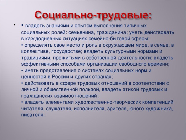 • владеть знаниями и опытом выполнения типичных социальных ролей: семьянина, гражданина; уметь действовать в каждодневных ситуациях семейно-бытовой сферы;   • определять свое место и роль в окружающем мире, в семье, в коллективе, государстве; владеть культурными нормами и традициями, прожитыми в собственной деятельности; владеть эффективными способами организации свободного времени;  • иметь представление о системах социальных норм и ценностей в России и других странах;   • действовать в сфере трудовых отношений в соответствии с личной и общественной пользой, владеть этикой трудовых и гражданских взаимоотношений;  • владеть элементами художественно-творческих компетенций читателя, слушателя, исполнителя, зрителя, юного художника, писателя.