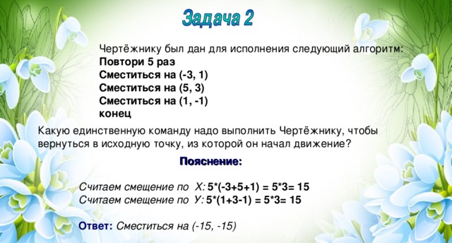 Чертёжнику был дан для исполнения следующий алгоритм: Повтори 5 раз Сместиться на (-3, 1) Сместиться на (5, 3) Сместиться на (1, -1) конец Какую единственную команду надо выполнить Чертёжнику, чтобы вернуться в исходную точку, из которой он начал движение? Пояснение:  Считаем смещение по Х: 5*(-3+5+1) = 5*3= 15 Считаем смещение по У: 5*(1+3-1) = 5*3= 15  Ответ:  Сместиться на (-15, -15)