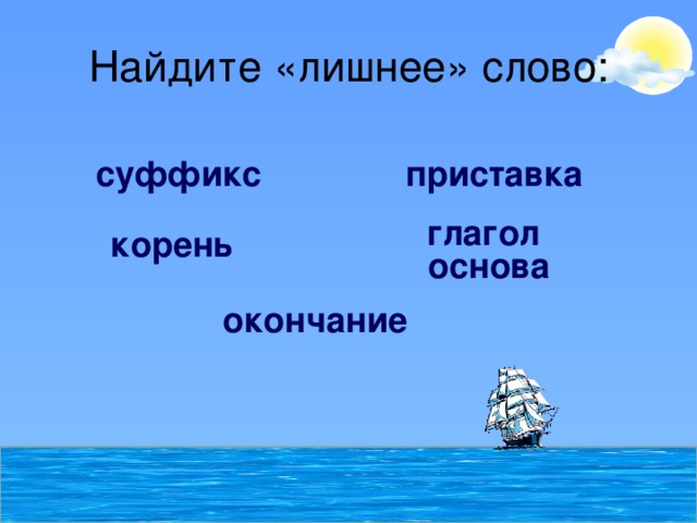 Найдите «лишнее» слово: суффикс приставка глагол корень основа окончание