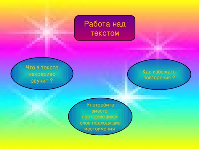 Работа над текстом Что в тексте некрасиво звучит ? Как избежать повторения ? Употребите вместо повторяющихся слов подходящие местоимения