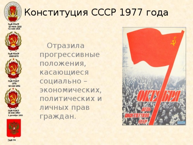 Конституция СССР 1977 года   Отразила прогрессивные положения, касающиеся социально – экономических, политических и личных прав граждан.