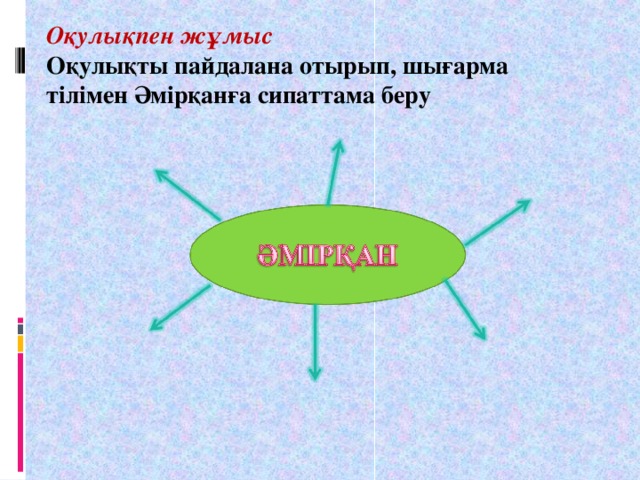 Оқулықпен жұмыс Оқулықты пайдалана отырып, шығарма тілімен Әмірқанға сипаттама беру