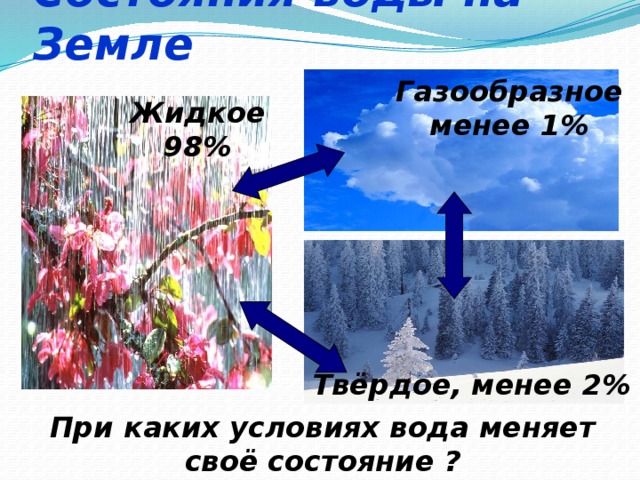 Состояния воды на Земле Газообразное менее 1% Жидкое 98% Твёрдое, менее 2% При каких условиях вода меняет своё состояние ?