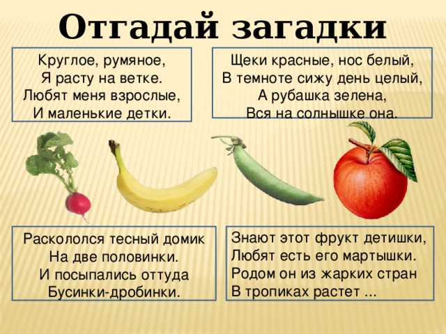 Отгадай загадки Круглое, румяное, Щеки красные, нос белый, В темноте сижу день целый, Я расту на ветке. А рубашка зелена, Любят меня взрослые, Вся на солнышке она. И маленькие детки. Знают этот фрукт детишки, Раскололся тесный домик На две половинки. Любят есть его мартышки. Родом он из жарких стран И посыпались оттуда В тропиках растет ... Бусинки-дробинки.