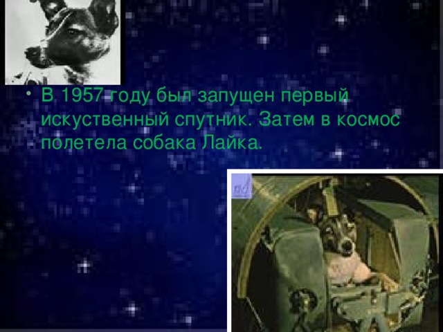 В 1957 году был запущен первый искуственный спутник. Затем в космос полетела собака Лайка.