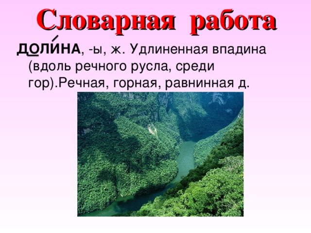 Словарная работа ДОЛИНА , -ы, ж. Удлиненная впадина (вдоль речного русла, среди гор).Речная, горная, равнинная д.