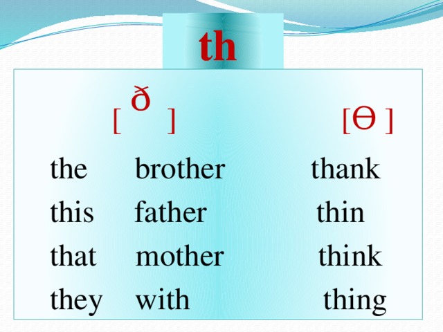 th   [ ᶞ ]   [ϴ ]  the brother thank  this father thin  that mother think  they with thing