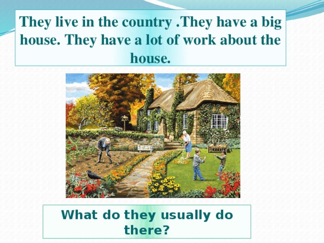 They live in the country .They have a big house. They have a lot of work about the house. What do they usually do there?