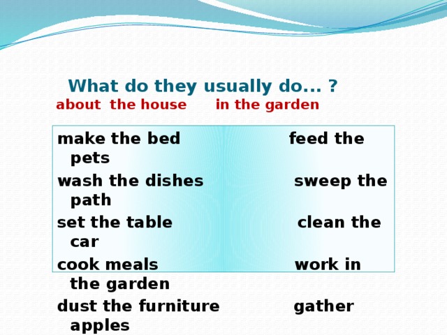 What do they usually do... ?  about the house in the garden make the bed feed the pets wash the dishes sweep the path set the table clean the car cook meals work in the garden dust the furniture gather apples