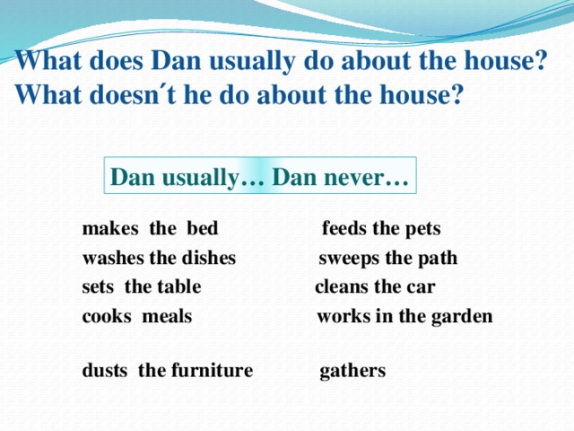 What does Dan usually do about the house?  What doesn′t he do about the house?   Dan usually… Dan never… makes the bed feeds the pets washes the dishes sweeps the path sets the table cleans the car cooks meals works in the garden dusts the furniture gathers