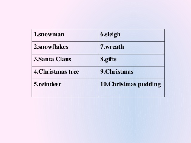 1.snowman 6.sleigh 2.snowflakes 7.wreath 3.Santa Claus 8.gifts 4.Christmas tree 9.Christmas 5.reindeer 10.Christmas pudding