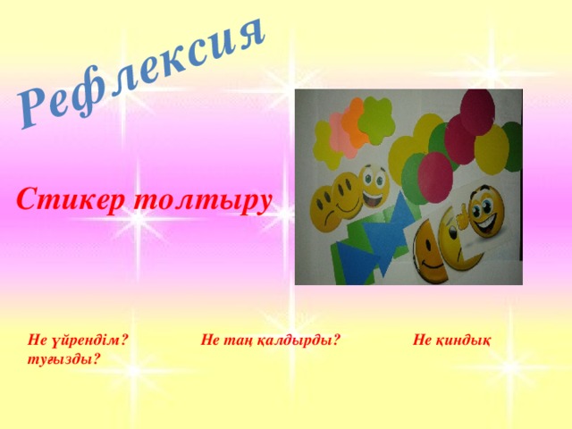 Рефлексия Стикер толтыру Не үйрендім? Не таң қалдырды? Не қиндық туғызды?