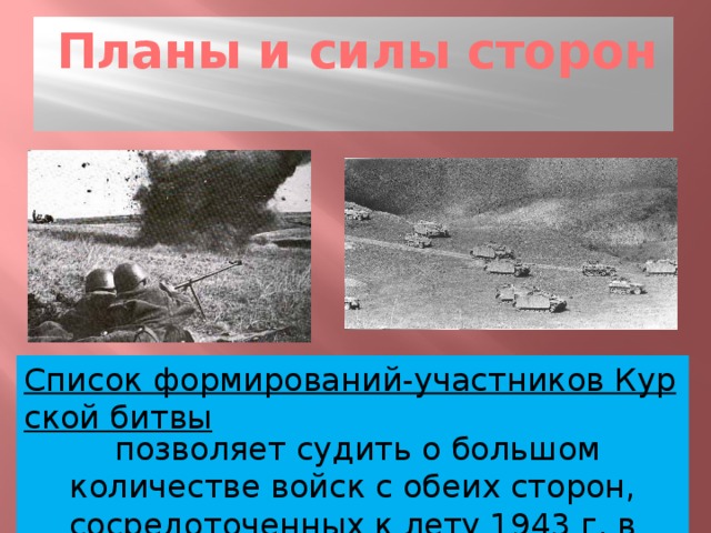 Планы и силы сторон Список формирований-участников Курской битвы  позволяет судить о большом количестве войск с обеих сторон, сосредоточенных к лету 1943 г. в районе Курского плацдарма.