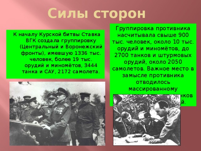 Силы сторон Группировка противника насчитывала свыше 900 тыс. человек, около 10 тыс. орудий и миномётов, до 2700 танков и штурмовых орудий, около 2050 самолетов. Важное место в замысле противника отводилось массированному применению новых танков и самоходных орудий. К началу Курской битвы Ставка ВГК создала группировку (Центральный и Воронежский фронты), имевшую 1336 тыс. человек, более 19 тыс. орудий и миномётов, 3444 танка и САУ, 2172 самолета.