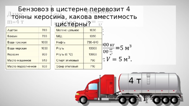 СИ Бензовоз в цистерне перевозит 4 тонны керосина, какова вместимость цистерны? = 4000 кг 4 т