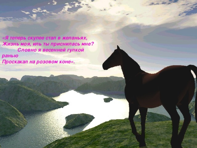 «Я теперь скупее стал в желаньях, Жизнь моя, иль ты приснилась мне?  Словно я весенней гулкой ранью  Проскакал на розовом коне».