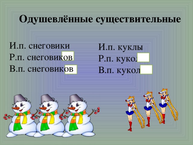 Одушевлённые существительные И.п. снеговики Р.п. снеговиков В.п. снеговиков И.п. куклы Р.п. кукол В.п. кукол