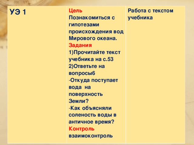 УЭ 1 Цель Познакомиться с гипотезами происхождения вод Мирового океана. Работа с текстом учебника Задания Прочитайте текст учебника на с.53 Ответьте на вопросы6 Откуда поступает вода на поверхность Земли? Как объясняли соленость воды в античное время? Контроль взаимоконтроль