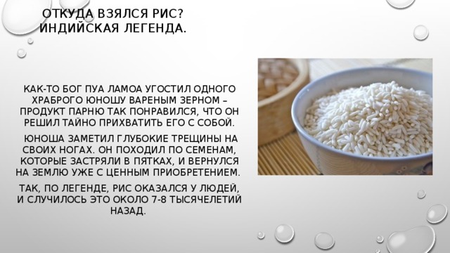 Откуда взялся рис? Индийская легенда. Как-то бог Пуа Ламоа угостил одного храброго юношу вареным зерном – продукт парню так понравился, что он решил тайно прихватить его с собой.  Юноша заметил глубокие трещины на своих ногах. Он походил по семенам, которые застряли в пятках, и вернулся на землю уже с ценным приобретением. Так, по легенде, рис оказался у людей, и случилось это около 7-8 тысячелетий назад.