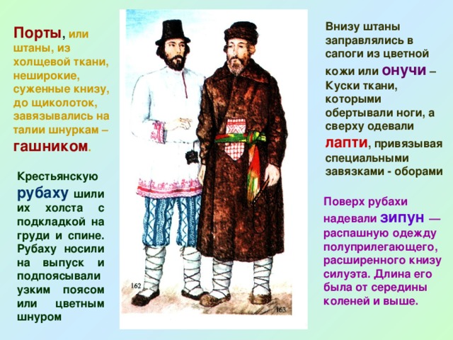 Внизу штаны заправлялись в сапоги из цветной кожи или онучи – Куски ткани, которыми обертывали ноги, а сверху одевали лапти , привязывая специальными завязками - оборами Порты , или штаны, из холщевой ткани, неширокие, суженные книзу, до щиколоток, завязывались на талии шнуркам – гашником . Крестьянскую рубаху шили их холста с подкладкой на груди и спине. Рубаху носили на выпуск и подпоясывали узким поясом или цветным шнуром Поверх рубахи надевали зипун  — распашную одежду полуприлегающего, расширенного книзу силуэта. Длина его была от середины коленей и выше.