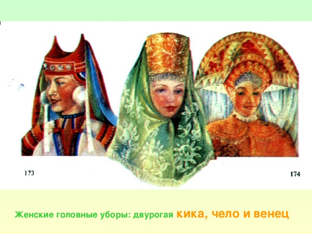 Женские головные уборы: двурогая  кика, чело и венец