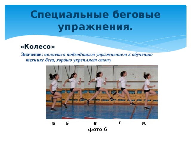 Специальные беговые упражнения. «Колесо»  Значение: является подводящим упражнением к обучению технике бега, хорошо укрепляет стопу