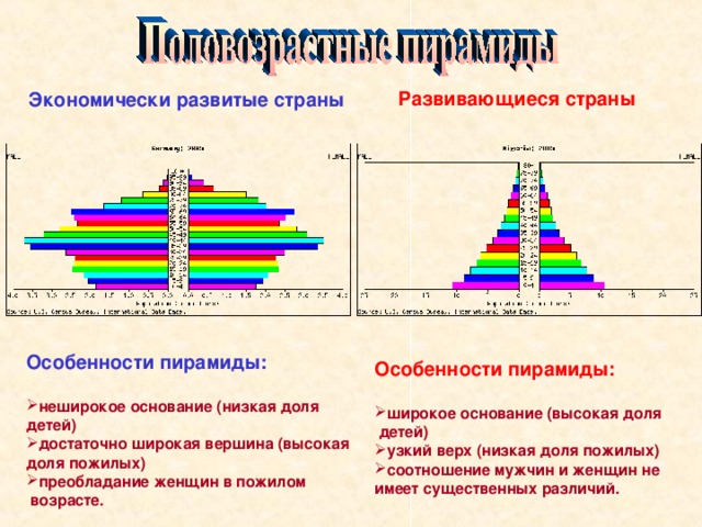 Развивающиеся страны Экономически развитые страны Особенности пирамиды: широкое основание (высокая доля  детей) узкий верх (низкая доля пожилых) соотношение мужчин и женщин не имеет существенных различий. Особенности пирамиды: неширокое основание (низкая доля детей) достаточно широкая вершина (высокая доля пожилых) преобладание женщин в пожилом  возрасте.