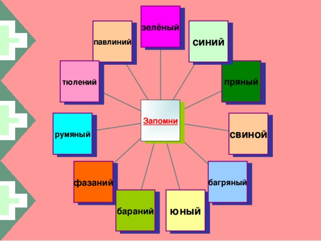 зелёный синий павлиний пряный тюлений Запомни свиной румяный багряный фазаний бараний юный