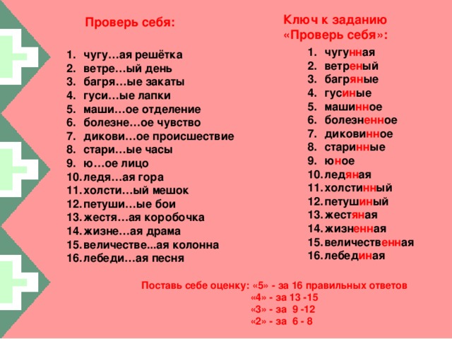 Ключ к заданию «Проверь себя»: Проверь себя: чугу нн ая ветр ен ый багр ян ые гус ин ые маши нн ое болезн енн ое дикови нн ое стари нн ые ю н ое лед ян ая холсти нн ый петуш ин ый жест ян ая жизн енн ая величеств енн ая лебед ин ая чугу…ая решётка ветре…ый день багря…ые закаты гуси…ые лапки маши…ое отделение болезне…ое чувство дикови…ое происшествие стари…ые часы ю…ое лицо ледя…ая гора холсти…ый мешок петуши…ые бои жестя…ая коробочка жизне…ая драма величестве...ая колонна лебеди…ая песня Поставь себе оценку: «5» - за 16 правильных ответов  «4» - за 13 -15  «3» - за 9 -12  «2» - за 6 - 8