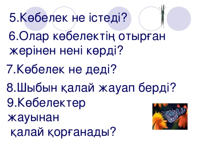 5.Көбелек не істеді? 6.Олар көбелектің отырған жерінен нені көрді? 7.Көбелек не деді? 8.Шыбын қалай жауап берді? 9.Көбелектер жауынан  қалай қорғанады?