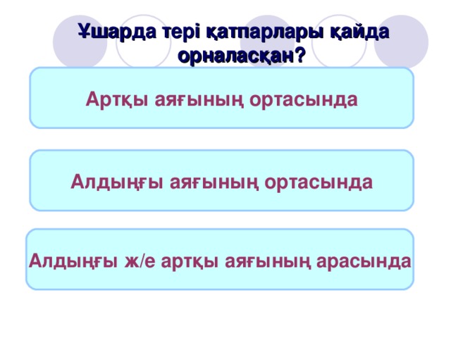 Ұшарда тері қатпарлары қайда орналасқан? Артқы аяғының ортасында Алдыңғы аяғының ортасында Алдыңғы ж/е артқы аяғының арасында