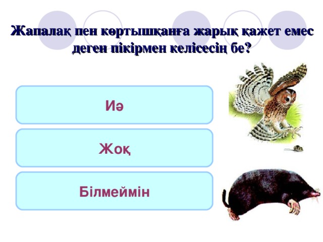 Жапалақ пен көртышқанға жарық қажет емес деген пікірмен келісесің бе? Иә Жоқ Білмеймін