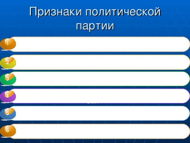 1 Носитель определенной идеологии  Организованность, наличие определенной структуры   2   Наличие программных документов – Устава и Программы  3 3   Наличие собственного имущества, финансовых средств, СМИ  4 4   Наличие собственной символики  5    6 Стремление к завоеванию власти