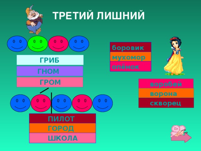 ТРЕТИЙ ЛИШНИЙ боровик мухомор  ГРИБ опёнок  ГНОМ  ГРОМ  воробей  ворона  скворец  ПИЛОТ  ГОРОД  ШКОЛА