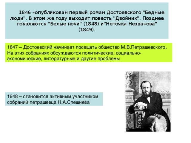 1846 –опубликован первый роман Достоевского 