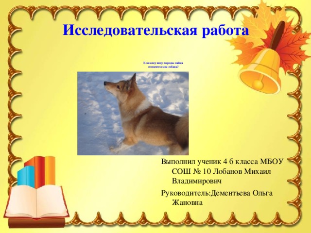 Исследовательская работа      К какому виду породы лайка  относится моя собака? Выполнил ученик 4 б класса МБОУ СОШ № 10 Лобанов Михаил Владимирович Руководитель:Дементьева Ольга Жановна