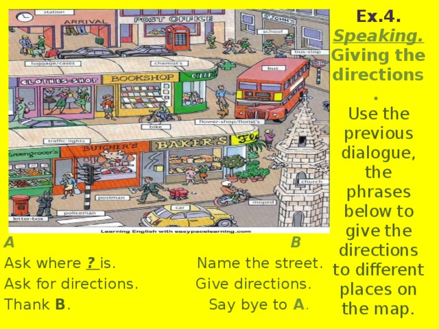 Ex.4. Speaking. Giving the directions.  Use the previous dialogue, the phrases below to give the directions to different places on the map. A B Ask where ?  is. Name the street. Ask for directions. Give directions. Thank B . Say bye to A .