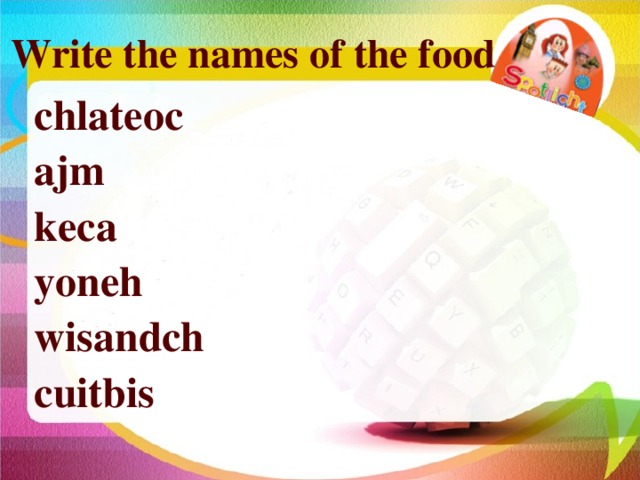 Write the names of the food chlateoc ajm keca yoneh wisandch cuitbis