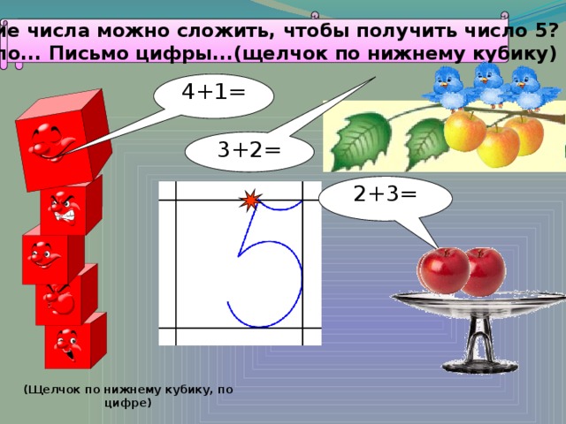 Какие числа можно сложить, чтобы получить число 5? Число 5. Письмо цифры 5. Число... Письмо цифры...(щелчок по нижнему кубику) 4+1= 3+2= 2+3= (Щелчок по нижнему кубику, по цифре)