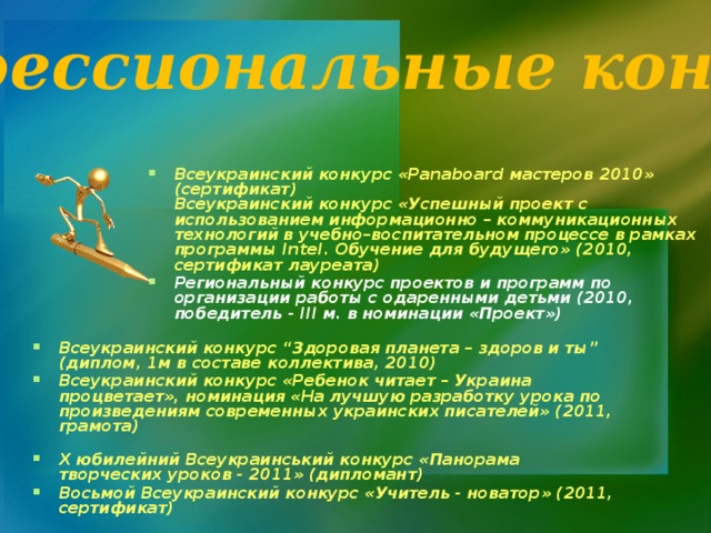 Профессиональные конкурсы Всеукраинский конкурс «Panaboard мастеров 2010» (сертификат)  Всеукраинский конкурс «Успешный проект с использованием информационно – коммуникационных технологий в учебно–воспитательном процессе в рамках программы Intel. Обучение для будущего» (2010, сертификат лауреата) Региональный конкурс проектов и программ по организации работы с одаренными детьми (2010, победитель - ІІІ м. в номинации «Проект») Всеукраинский конкурс “Здоровая планета – здоров и ты” (диплом, 1м в составе коллектива, 2010) Всеукраинский конкурс «Ребенок читает – Украина процветает», номинация «На лучшую разработку урока по произведениям современных украинских писателей» (2011, грамота)   Х юбилейний Всеукраинський конкурс «Панорама творческих уроков - 2011» (дипломант) Восьмой Всеукраинский конкурс «Учитель - новатор» (2011, сертификат)