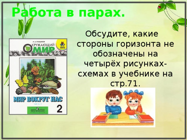 Работа в парах. Обсудите, какие стороны горизонта не обозначены на четырёх рисунках-схемах в учебнике на стр.71.