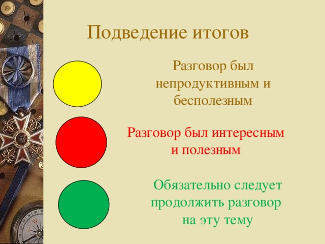 Подведение итогов Разговор был непродуктивным и бесполезным Разговор был интересным и полезным Обязательно следует продолжить разговор на эту тему