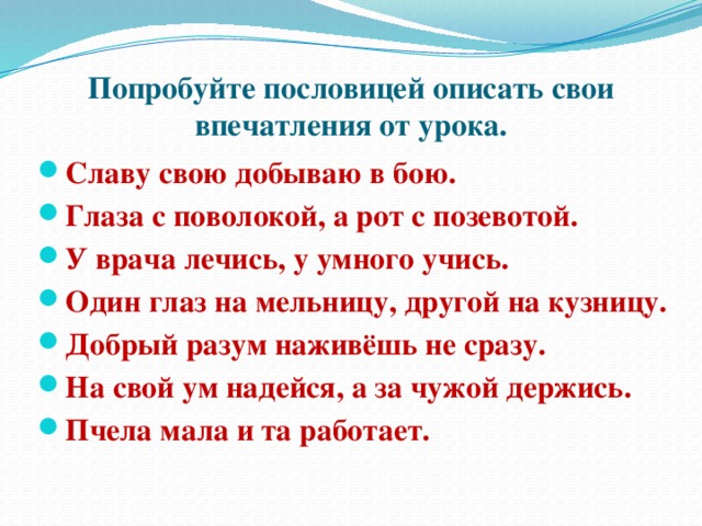 Попробуйте пословицей описать свои впечатления от урока.