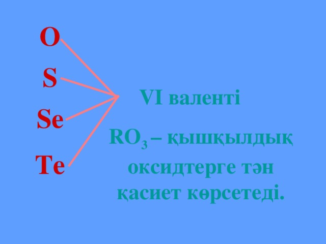 O S  VI валенті RO 3 – қышқылдық оксидтерге тән қасиет көрсетеді. Se Te