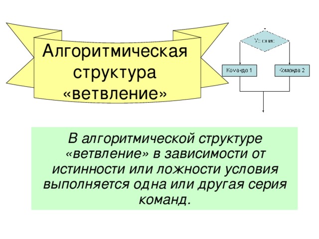 Алгоритмическая структура «ветвление» В алгоритмической структуре «ветвление» в зависимости от истинности или ложности условия выполняется одна или другая серия команд.