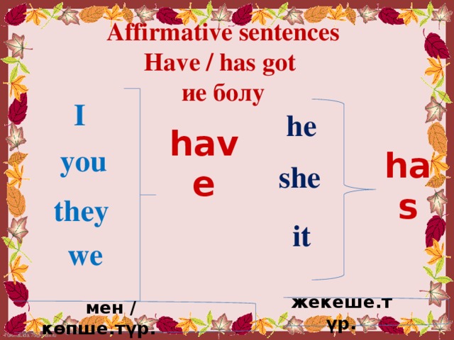 Affirmative sentences  Have / has got  ие болу   I he        have  you she has they it we жекеше.түр.  мен / көпше.түр.
