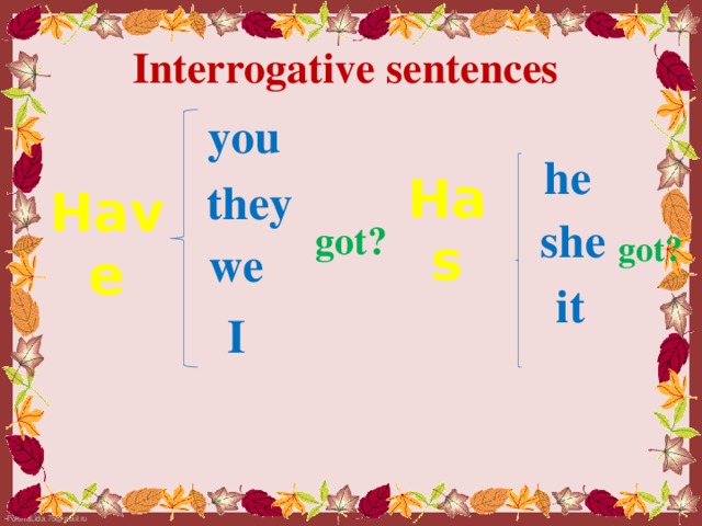 Interrogative  sentences you he they Has Have got? she got? we it I